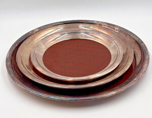 Vintage Crescent Silverplate Formica Coaster Set Wood Grain Bar Trays MCM